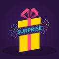 Surprise Gift box with ribbon, bow and confetti fireworks. Open present box for Sale banner, Christmas or Birthday card. Royalty Free Stock Photo